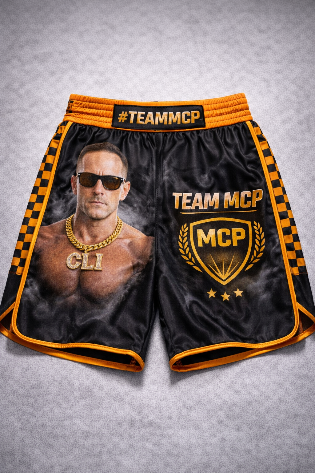 Team MCP fight shorts merchandise art