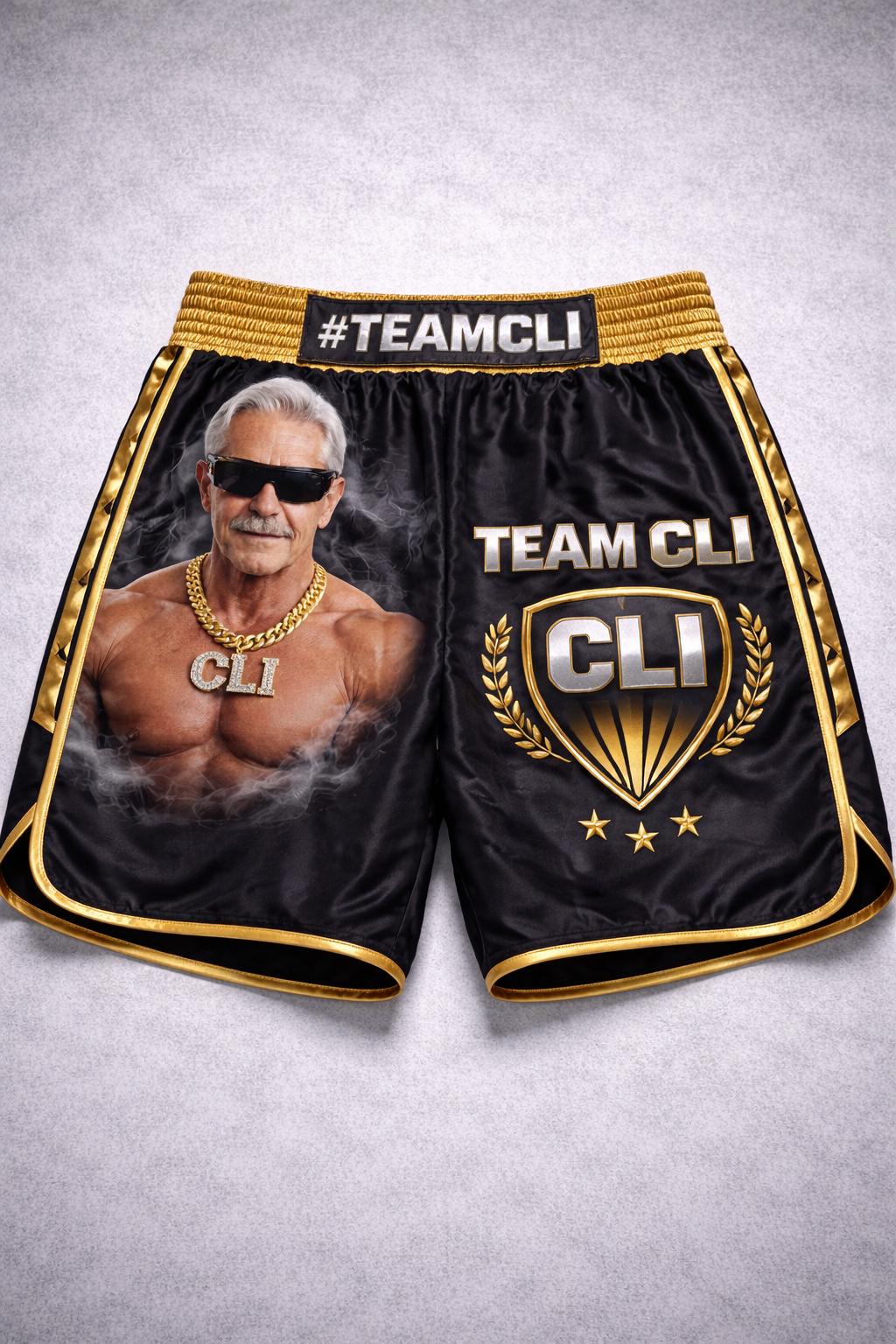 Team CLI fight shorts merchandise art